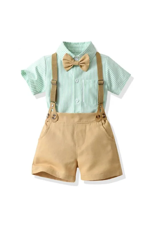 Elegant Suit Kids Boys Gentleman Short Sleeve Striped Bowtie Formal Shirts Suspenders Pants Clothing Sets Wrap Mini Skirt