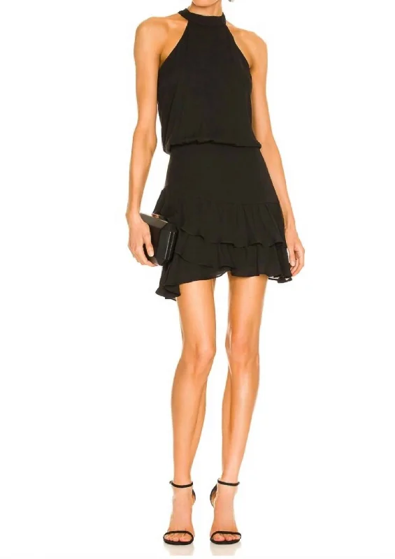 Halter Asymmetrical Ruffle Mini Dress in Black Mini Skirt Trend