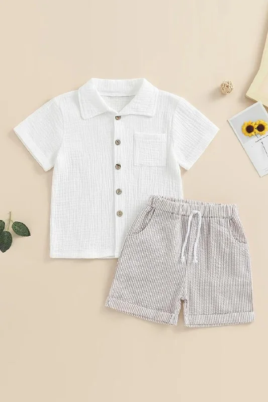 Summer Kids Boys Outfits Short Sleeve Button-Down T-Shirt and Elastic Stripe Shorts Clothes Set High-Waisted Skater Skirt