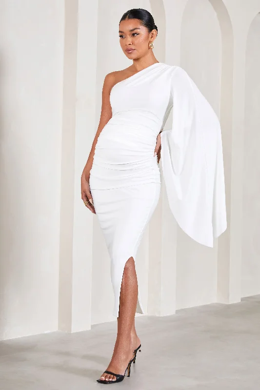 Adeline | White Ruched Asymmetric Split Maternity Midi Dress With Cape Sleeve Printed Floral Midi