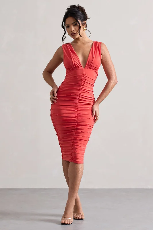 Attract | Coral Ruched Plunge-Neck Midi Dress Trendy Midi Look