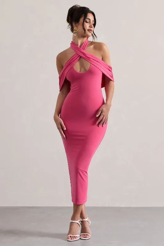 Connect | Pink Bodycon Halter-Neck Midi Dress With Cut-Out Midi Skirt Print