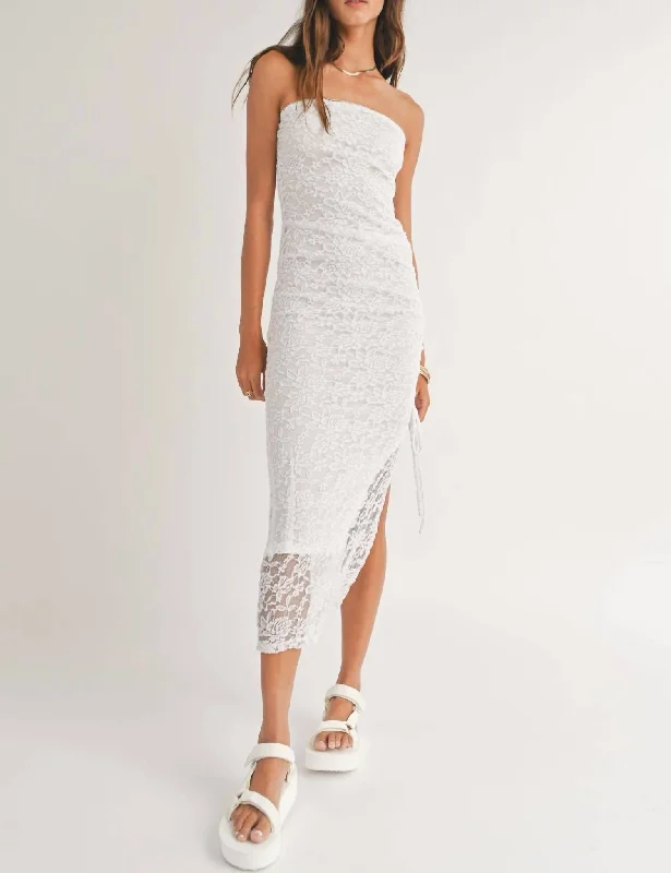 Fresh Air Side Ruched Midi Dress In White Wool Midi Skirt