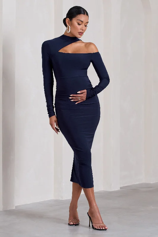 Just Dream | Navy Asymmetric High-Neck Cut-Out Maternity Midi Dress Soft Pleated Midi