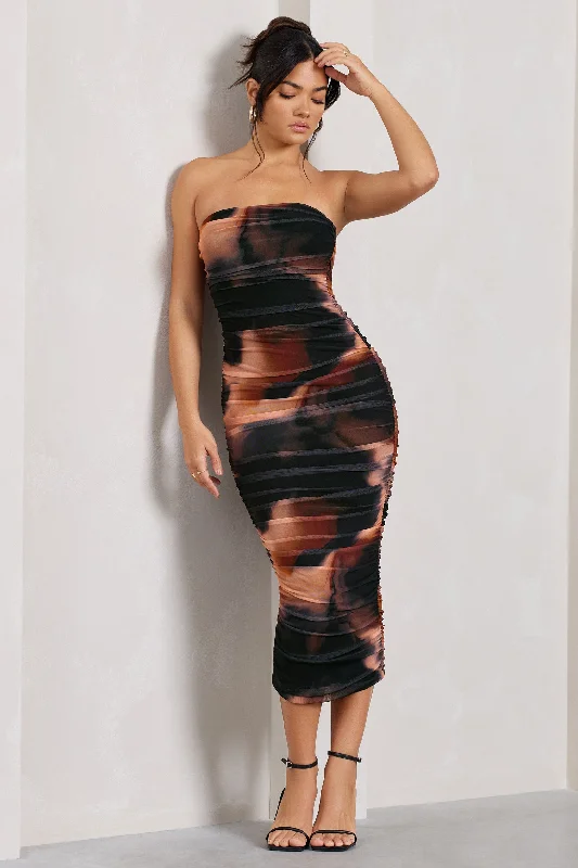 My Girl | Orange Smoke Print Strapless Bodycon Ruched Mesh Midi Dress Ruffled Midi Skirt