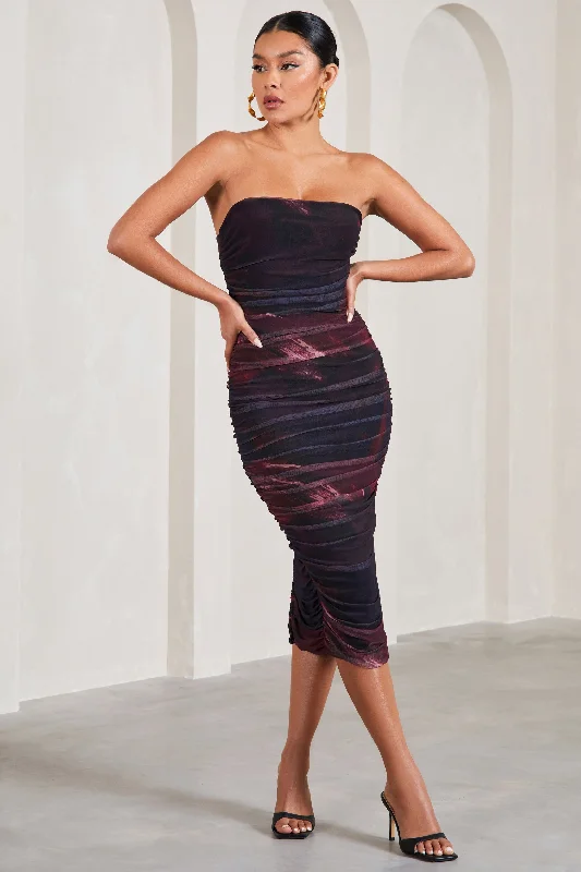 My Girl | Plum Print Strapless Bodycon Ruched Mesh Midi Dress Midi Skirt Set