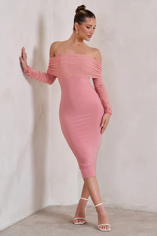 Only You | Powder Pink Ruched Mesh Bardot Midi Dress Button-front Midi Skirt