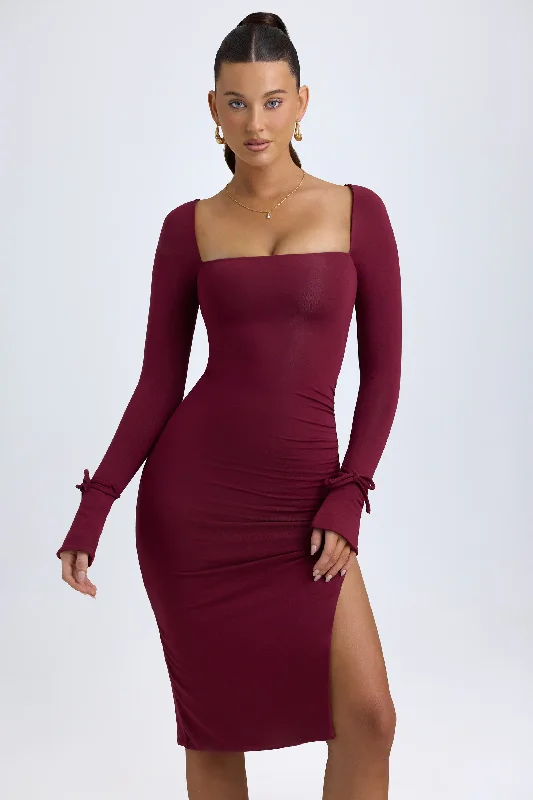 Modal Square-Neck Midi Dress in Wine Red Lace-up Midi Skirt