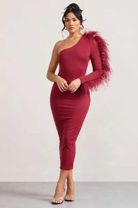 Wild One | Burgundy One-Shoulder Bodycon Midi Dress With Feather-Trimmed Sleeve Casual Midi Skirt